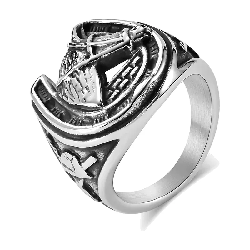 Anello Statement con Testa di Cavallo e Ferro di Cavallo, Acciaio Inox