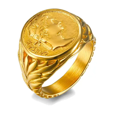 Anillo Sello Moneda César Romano con Hojas de Laurel, Acero Inoxidable