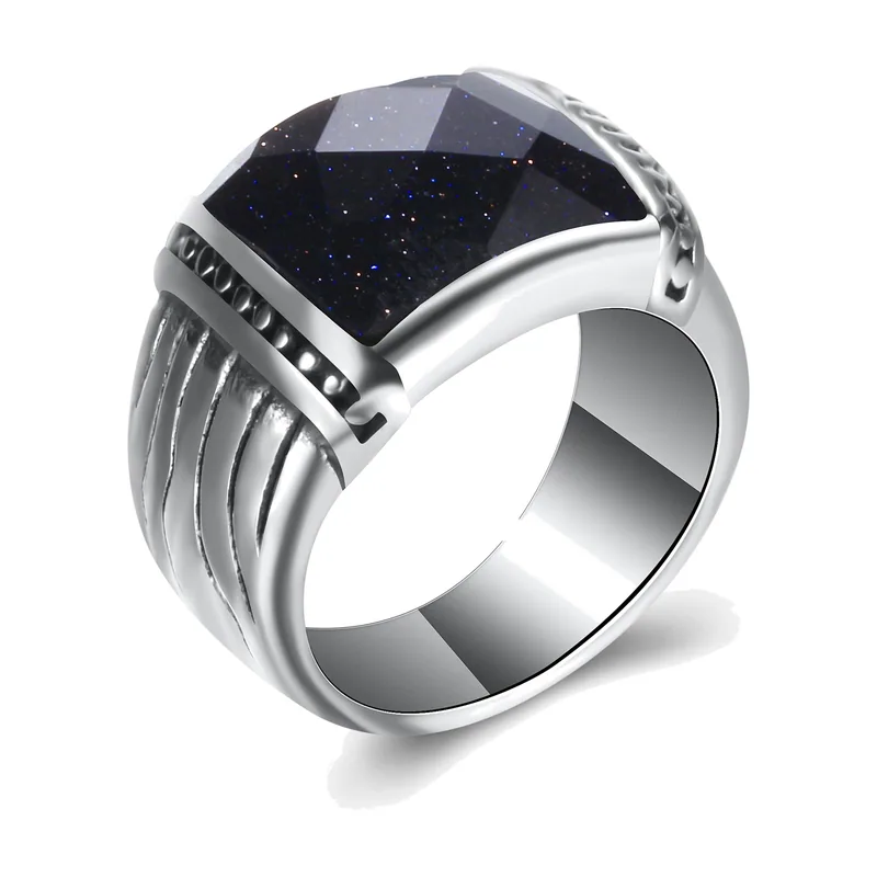 Square Signet Ring with Blue Stone, Stainless Steel