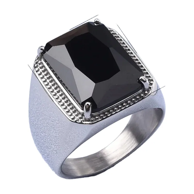 Anillo Sello Rectangular con Circonia Negra, Acero Inoxidable