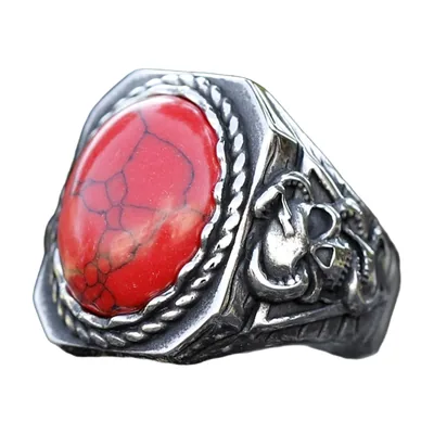 Anillo Sello de Calavera con Piedra Roja, Acero Inoxidable