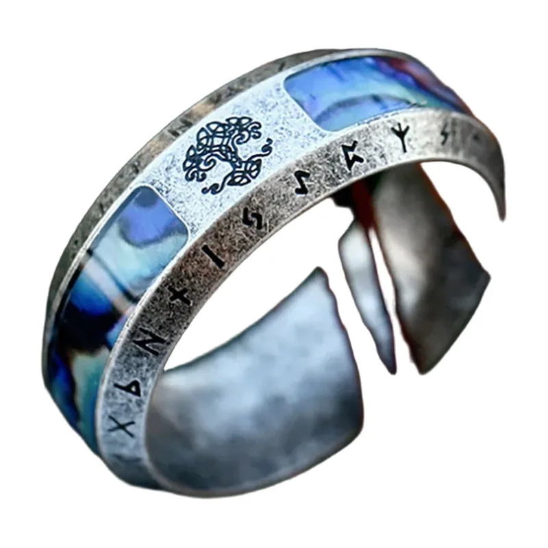 Anello Yggdrasil Albero della Vita con Rune Nordiche e Pietre Blu, Acciaio Inossidabile