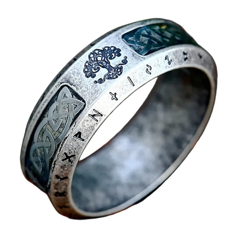 Lebensbaum Ring mit keltischen Knoten und Runen, Edelstahl