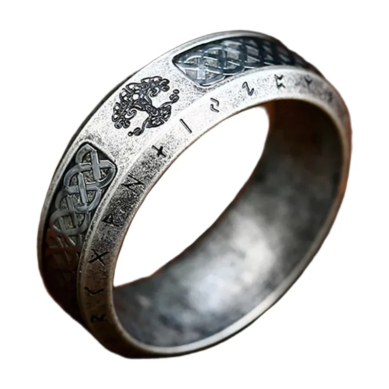 Yggdrasil Lebensbaum Ring mit keltischen Knoten und Runen, Edelstahl