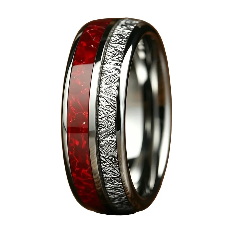 Anello con Opale Rosso e Meteorite, Acciaio Inossidabile