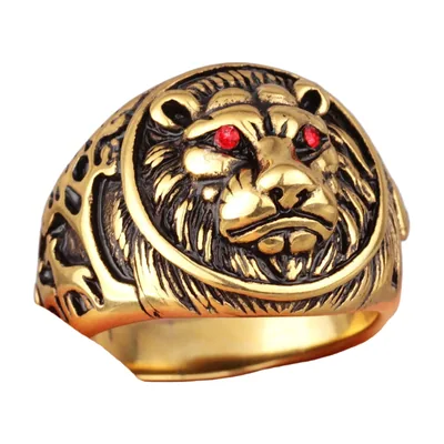Herren Siegelring mit Tigerkopf und roten Steinen, Edelstahl