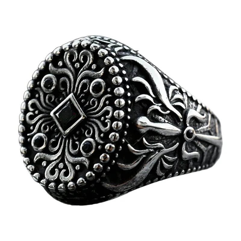 Anello Sigillo Filigrana Turca con Zircone Nero, Acciaio Inossidabile