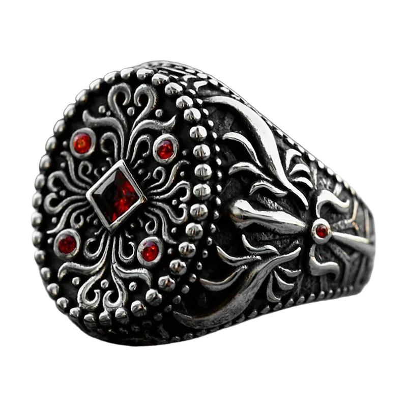 Anello Sigillo con Filigrana Turca e Zircone Rosso, Acciaio Inossidabile