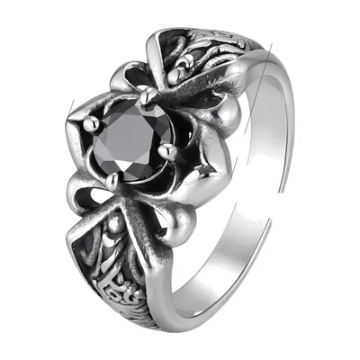 Chevalière Gothique avec Zircone Noire, Acier Inoxydable