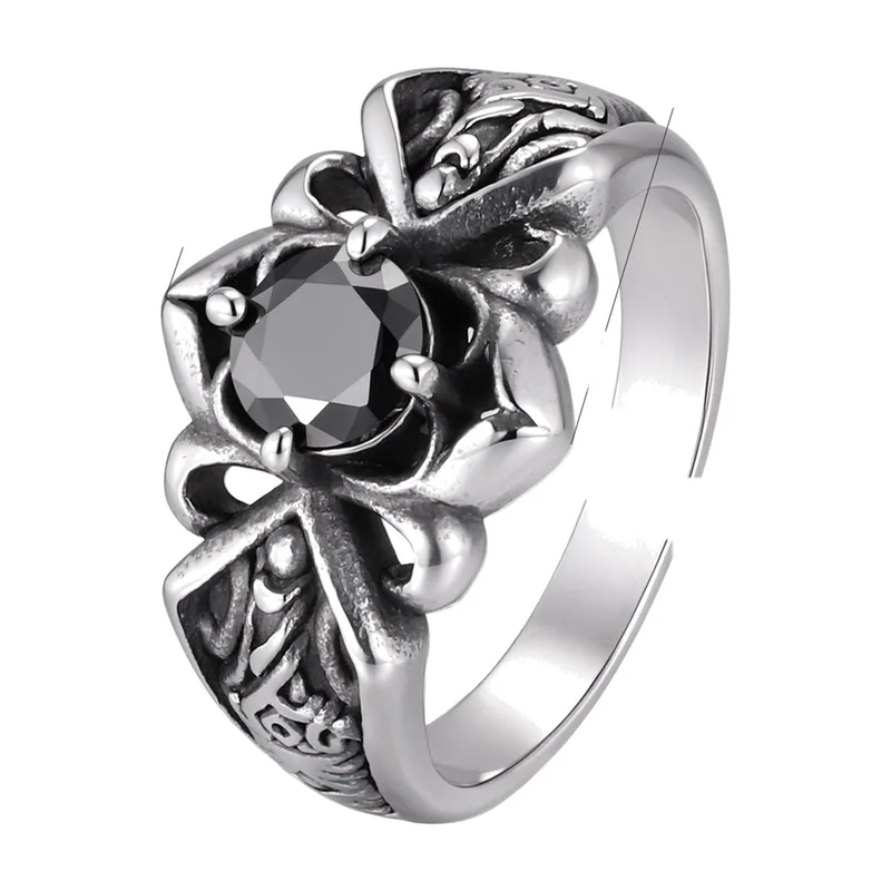 Square Gothic Signet Ring with Black Cubic Zirconia, Stainless Steel