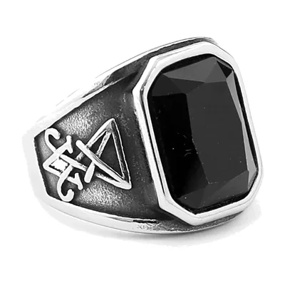 Anillo Sello Lucifer con piedra negra, acero inoxidable