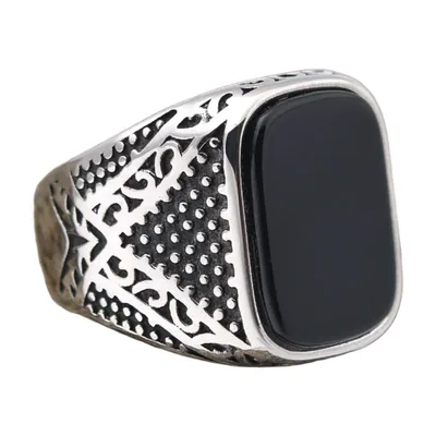 Anello Sigillo Quadrato con Onice Nero, Acciaio Inossidabile