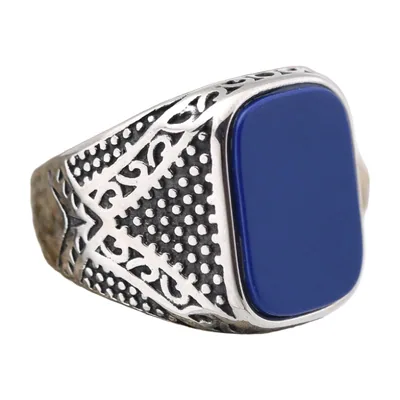 Anello Sigillo Quadrato con Onice Blu, Acciaio Inossidabile