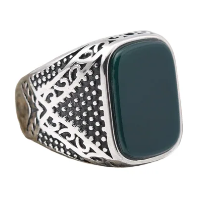 Anello Sigillo Quadrato con Onice Verde, Acciaio Inossidabile
