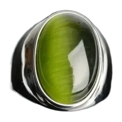 Anello Sigillo Ovale con Pietra Occhio di Gatto Verde, Acciaio Inox