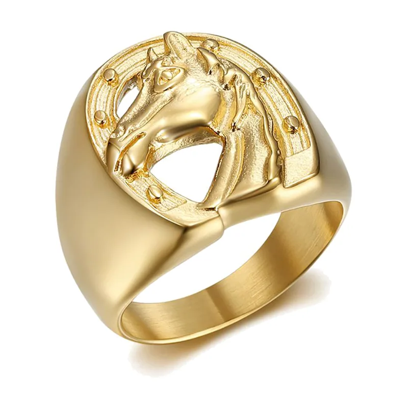 Anello Sigillo con Testa di Cavallo e Ferro di Cavallo, Acciaio Inox