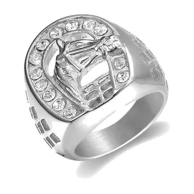 Anillo Sello de Caballo y Herradura con Circonitas, Acero Inoxidable