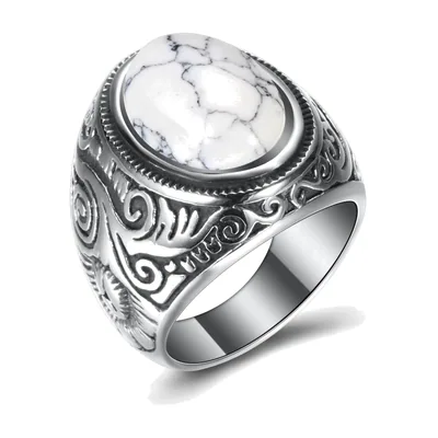 Anillo Sello con Piedra de Ágata Blanca, Acero Inoxidable