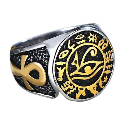 Herren Siegelring Auge von Horus und Ankh, Edelstahl