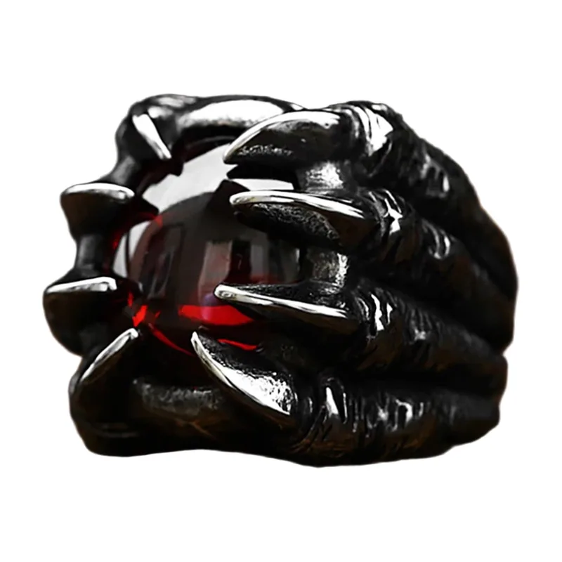 Bague Griffe de Dragon avec Pierre Rouge, Acier Inoxydable