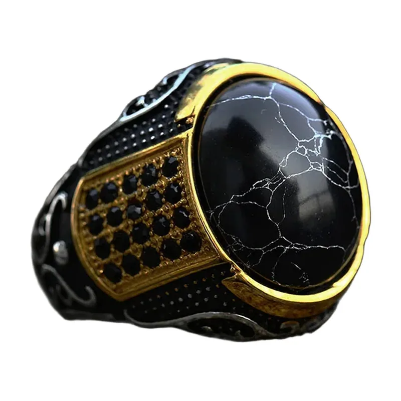 Vintage Oval Signet Ring with Black Stone, Stainless Steel