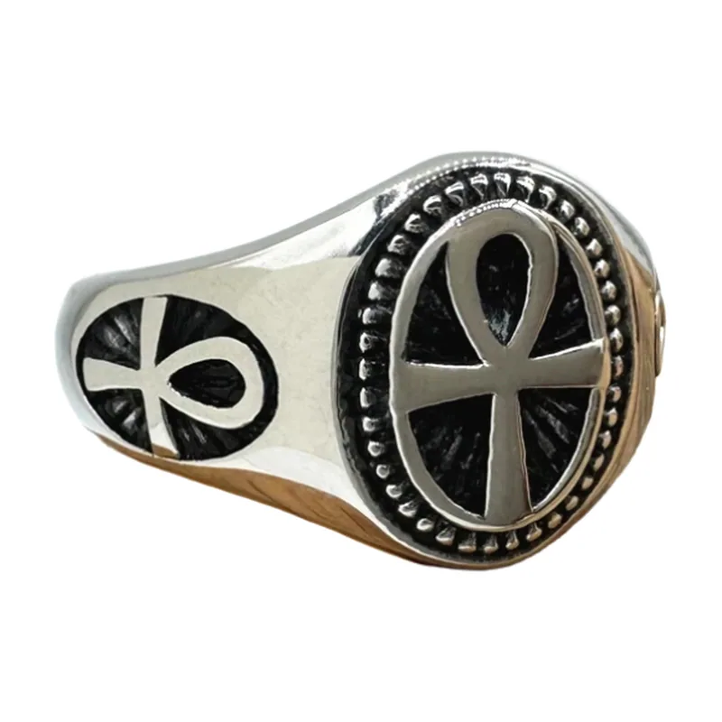 Chevalière Croix Ankh avec Détails Noirs, Acier Inoxydable