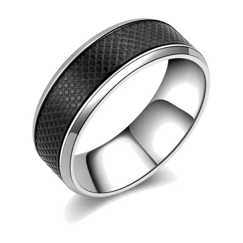 Bague Géométrique avec Incrustation Noire, Acier Inoxydable