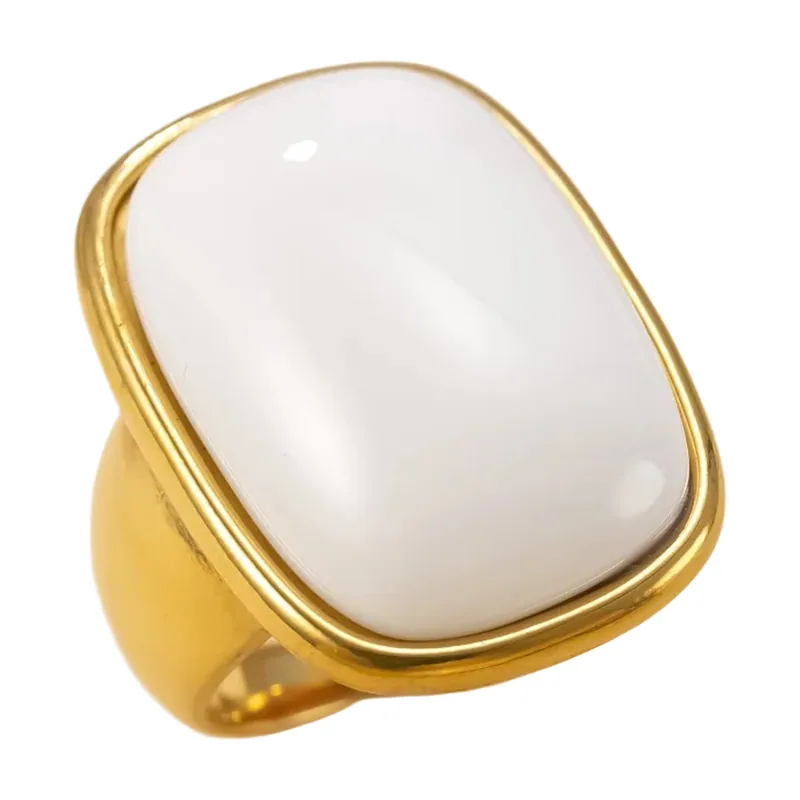 Rectangular Signet Ring with White Stone, Stainless Steel