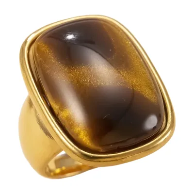 Anillo Sello Rectangular con Piedra Marrón, Acero Inoxidable