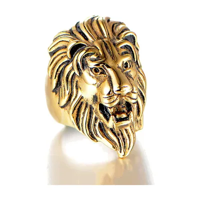 Anillo de Cabeza de León, Acero Inoxidable Dorado
