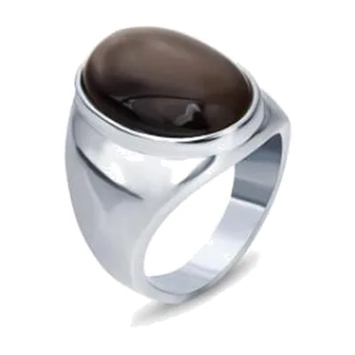 Chevalière ovale avec opale marron, acier inoxydable