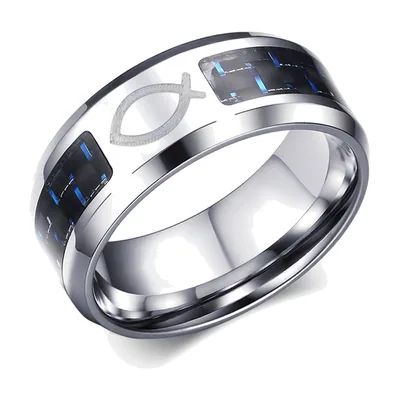 Anillo Símbolo Ichthys con Detalles Azules, Acero Inoxidable