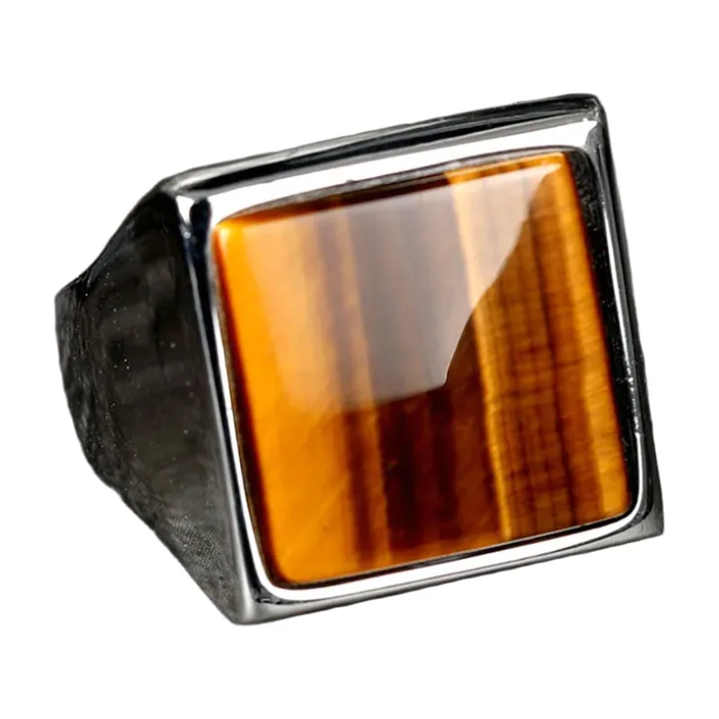 Bague Chevalière Carrée avec Œil de Tigre, Acier Inoxydable