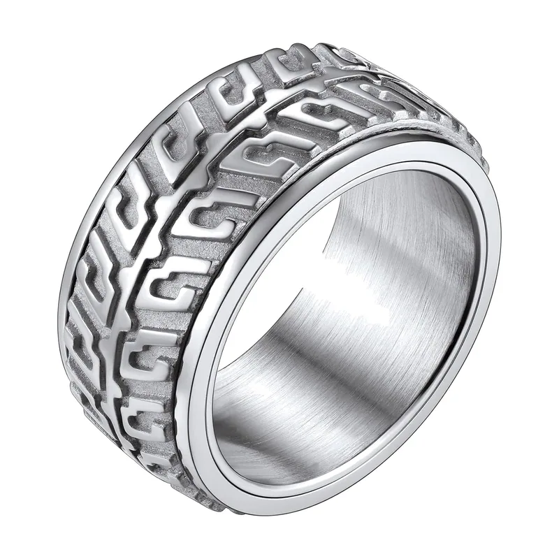 Herren Spinner-Ring mit Mäander-Muster, Edelstahl 316L