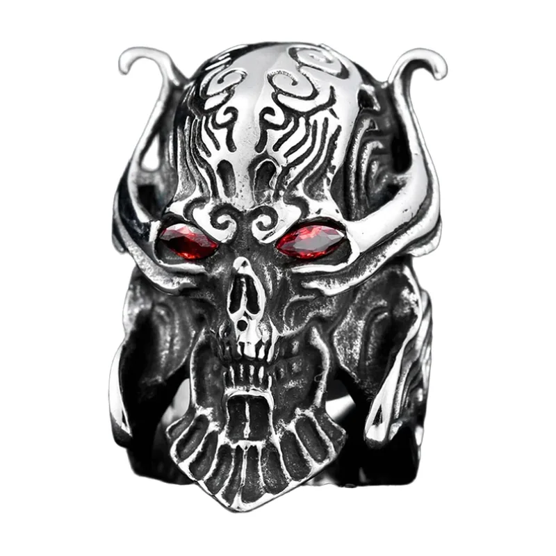 Samurai Masken-Ring mit roten Steinen, 316L Edelstahl