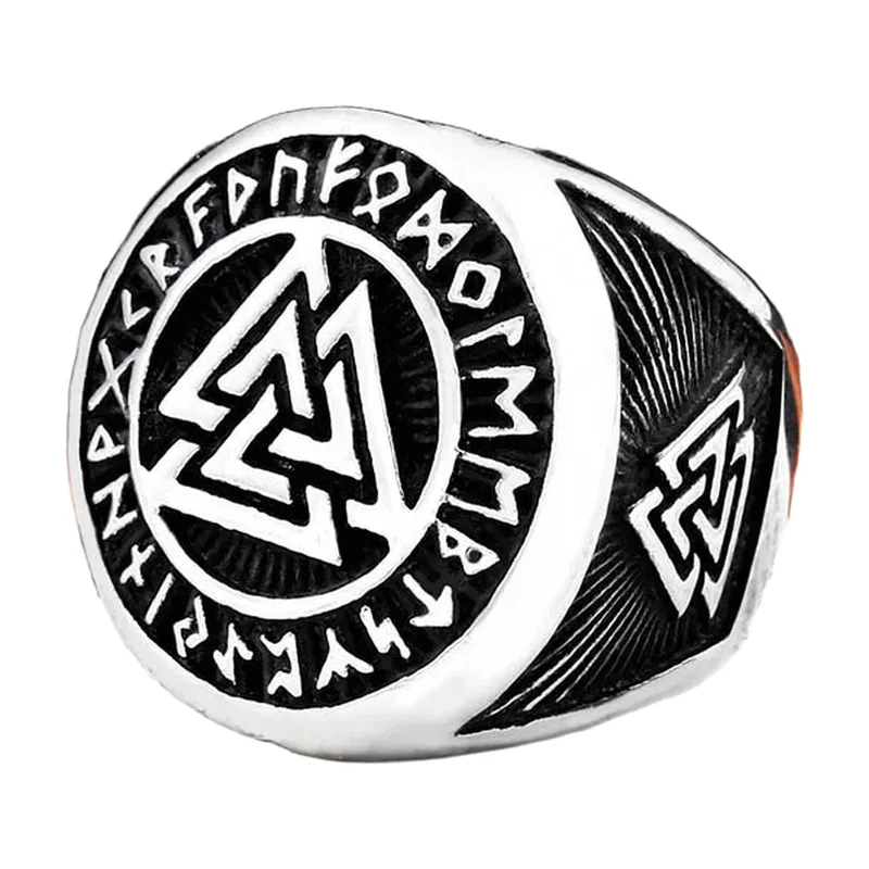 Wikinger Siegelring mit Valknut und Runen, Edelstahl