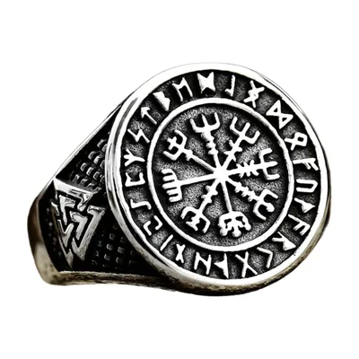 Anello Sigillo Vegvisir Bussola Vichinga con Rune, Acciaio Inossidabile