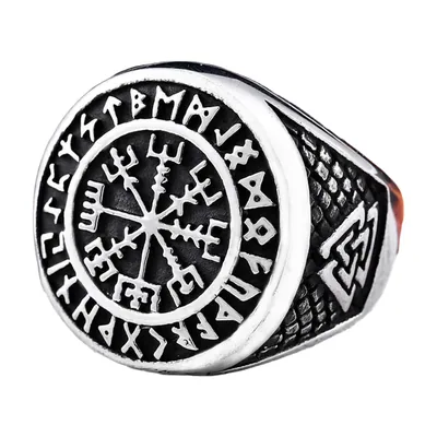 Anillo Vikingo Vegvisir con Runas Nórdicas, Acero Inoxidable