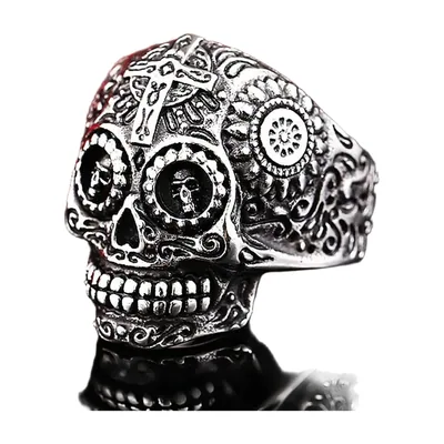 Anillo Sello de Calavera con Vegvisir y Cruz, Acero Inoxidable