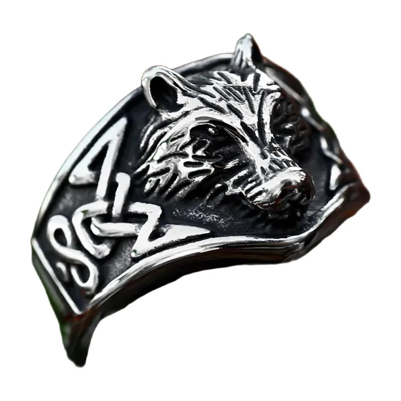 Wolf Head Signet Ring with Nordic Knotwork, Stainless Steel