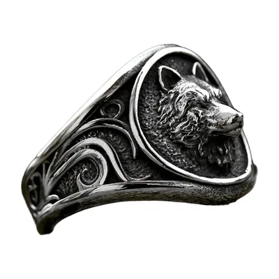 Anillo de Cabeza de Lobo con Grabados Nórdicos, Acero Inoxidable