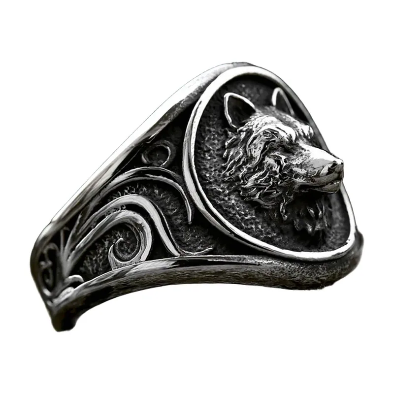Wolf Head Ring with Nordic Engravings, Stainless Steel