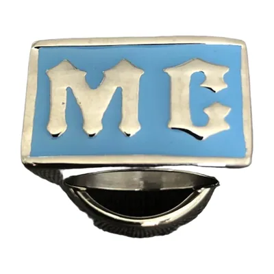 Anillo sello rectangular con esmalte azul y motivo MC, acero inoxidable
