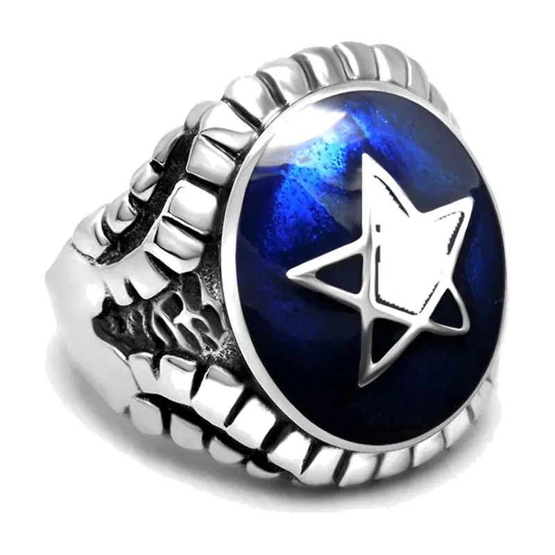 Chevalière avec Pierre Bleue et Motif Étoile, Acier Inoxydable