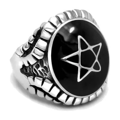 Herren Siegelring mit Pentagramm und schwarzem Stein, Edelstahl