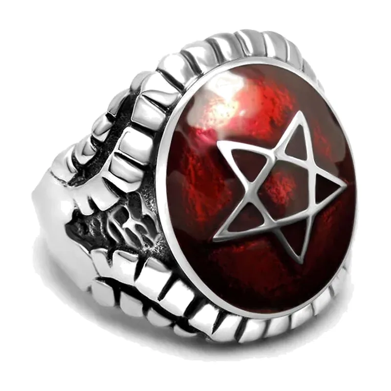 Herren Siegelring mit Pentagramm und rotem Stein, Edelstahl