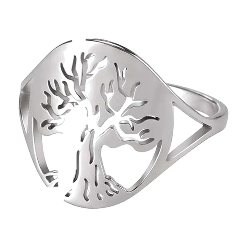 Tree of Life Ring, Cut-Out Nature Motif Band, Stainless Steel