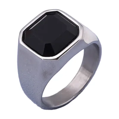 Anillo Sello Cuadrado con Ónix Negro, Acero Inoxidable