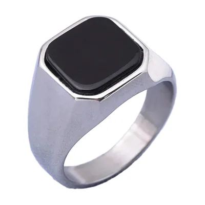 Anillo Sello Cuadrado con Ónix, Acero Inoxidable
