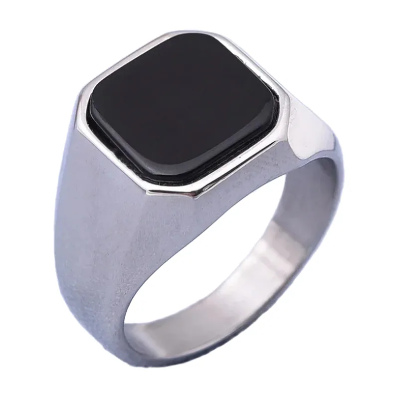 Square Signet Ring with Onyx Stone, Stainless Steel